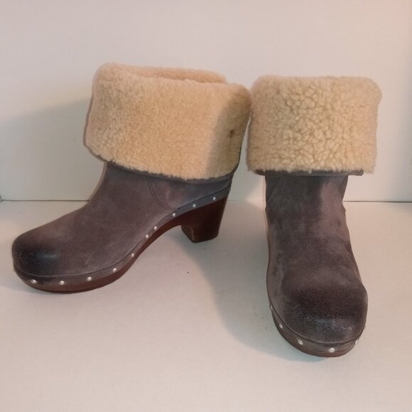 UGG Lynnea Wm 7US/38EU Gray Suede Shearling Ankle Boots Wooden Clog Soles - Picture 1 of 12